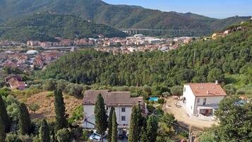 Ein Wohngebiet mit Häusern, einer Brücke und einem bewaldeten Hang.