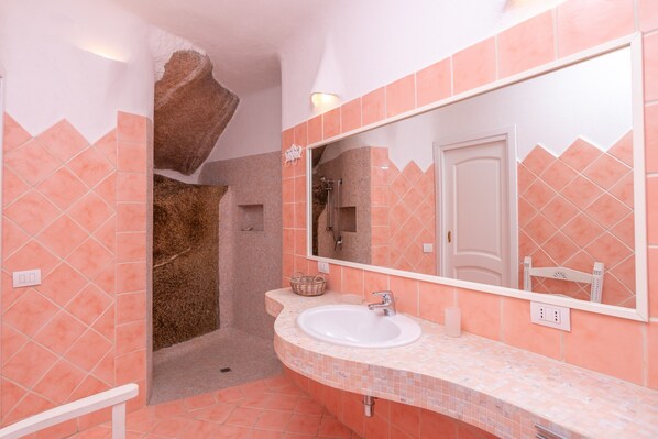 Une salle de bain avec une douche, un lavabo et un miroir.