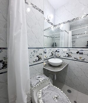 Ducha, secador de pelo, toallas y jabón