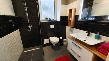 Dusche, Haartrockner, Handtücher, Seife