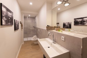 Hair dryer, towels, soap, toilet paper