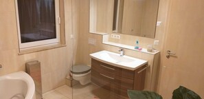 Douche, sèche-cheveux, serviettes fournies, savon