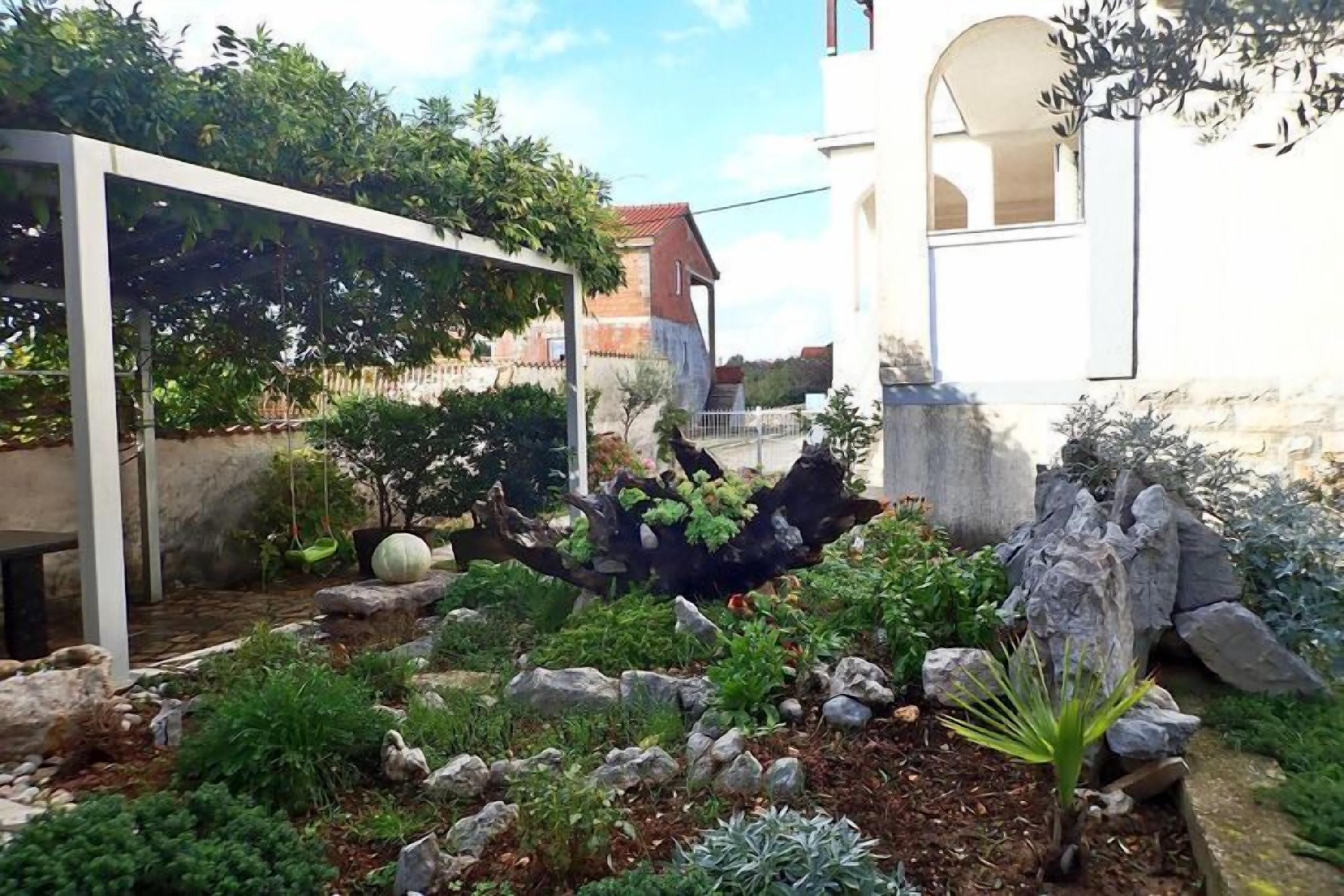 Ein Garten mit verschiedenen Pflanzen, Steinen und einem weißen Gebäude.