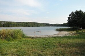 Ein See mit grüner Uferböschung und einem bewaldeten Hügel im Hintergrund.