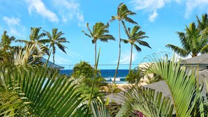 A tropical resort with palm trees, a view of the ocean, and a building with a sloped roof.