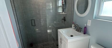 A modern bathroom with a glass shower enclosure, a white sink, and a toilet.