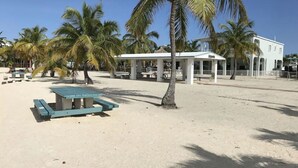 Een zanderig strand met palmbomen en een wit gebouw met een overdekt terras.