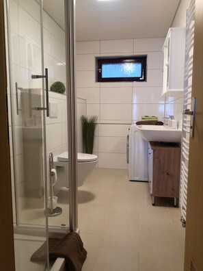 Shower, hair dryer, towels, soap