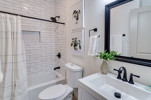 Hair dryer, towels, soap, toilet paper