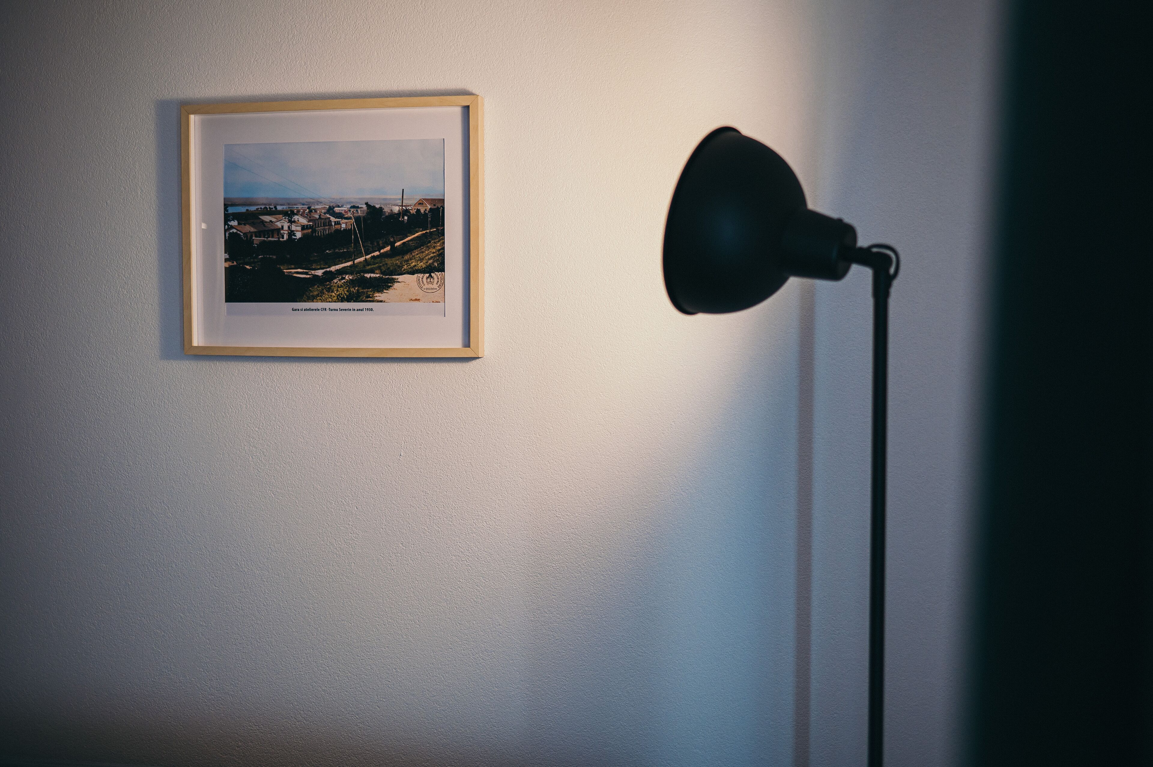 Una fotografía en un marco en la pared, una lámpara de pie negra y una pared blanca.