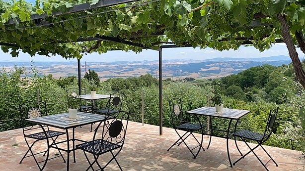 An outdoor patio with tables and chairs, surrounded by greenery and a scenic view of hills and fields. - Podere Belsogno-apartment rose garden (Montalcino)