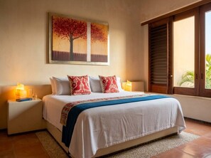 A hotel room with a bed, nightstands, a painting, and a window with blinds.
