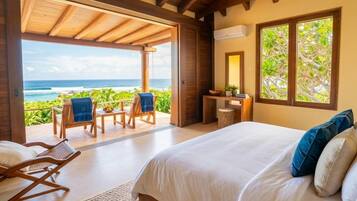 A bedroom with a large bed, a desk, and a view of the ocean.