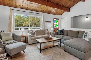 TV, fireplace, books, offices