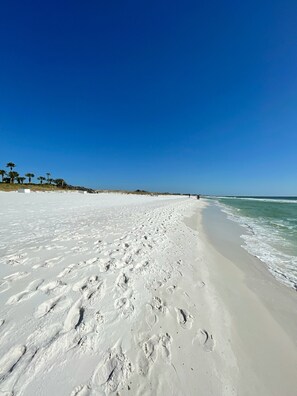 A wide sandy beach with footprints leading to the water, palm trees, and a clear blue sky.