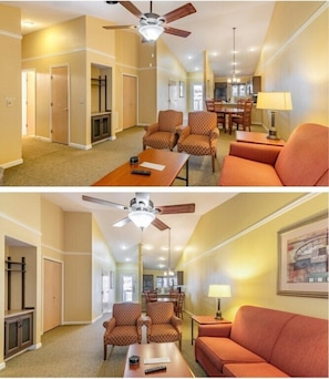 Relax in a cozy seating area with a sofa, armchairs, and dining table.