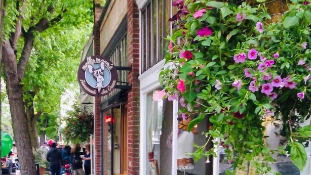 Ein Schaufenster mit einem hängenden Blumenkasten und einem sichtbaren Schild.