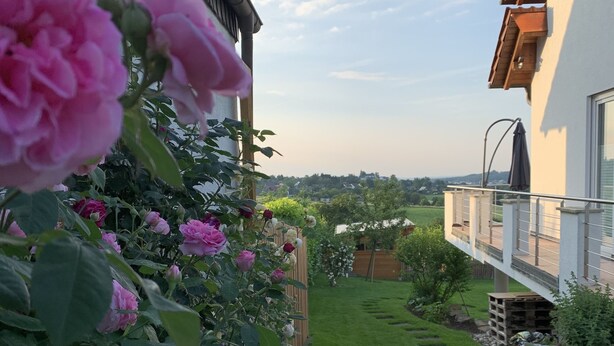 A garden pathway leading to a house with a view of the surrounding landscape.