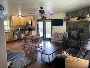 Smart TV, fireplace, video games, DVD player