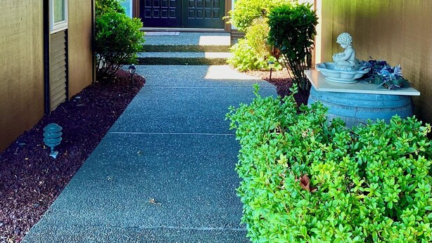 A covered walkway leading to a building entrance with a dark door, small bushes, and a statue.
