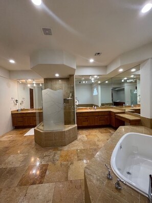 Bathtub, hair dryer, towels, soap