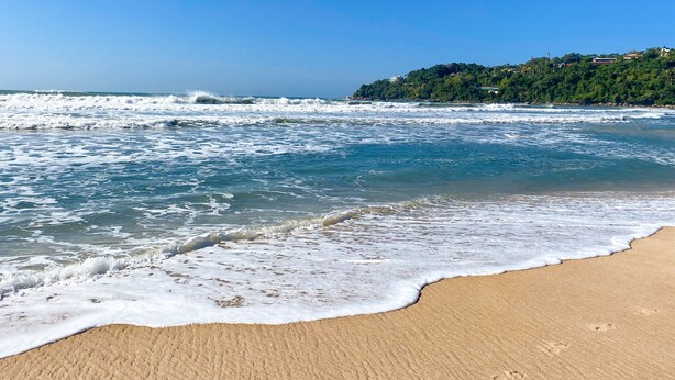 A beach with waves, a sandy shore, and a forested hill in the background. - EXCELLENT APARTMENT 47 - with sea view, absolute hygiene, we have other options. (Ubatuba)