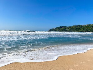 Una spiaggia con onde, una riva sabbiosa e una collina boscosa sullo sfondo.