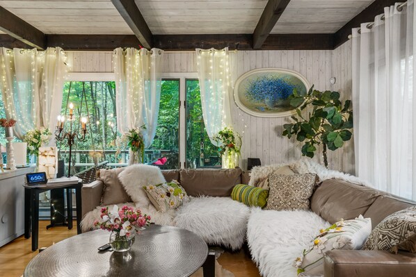 Smart TV, fireplace, ping pong, books