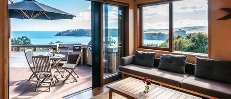 Smart TV, fireplace, books, stereo