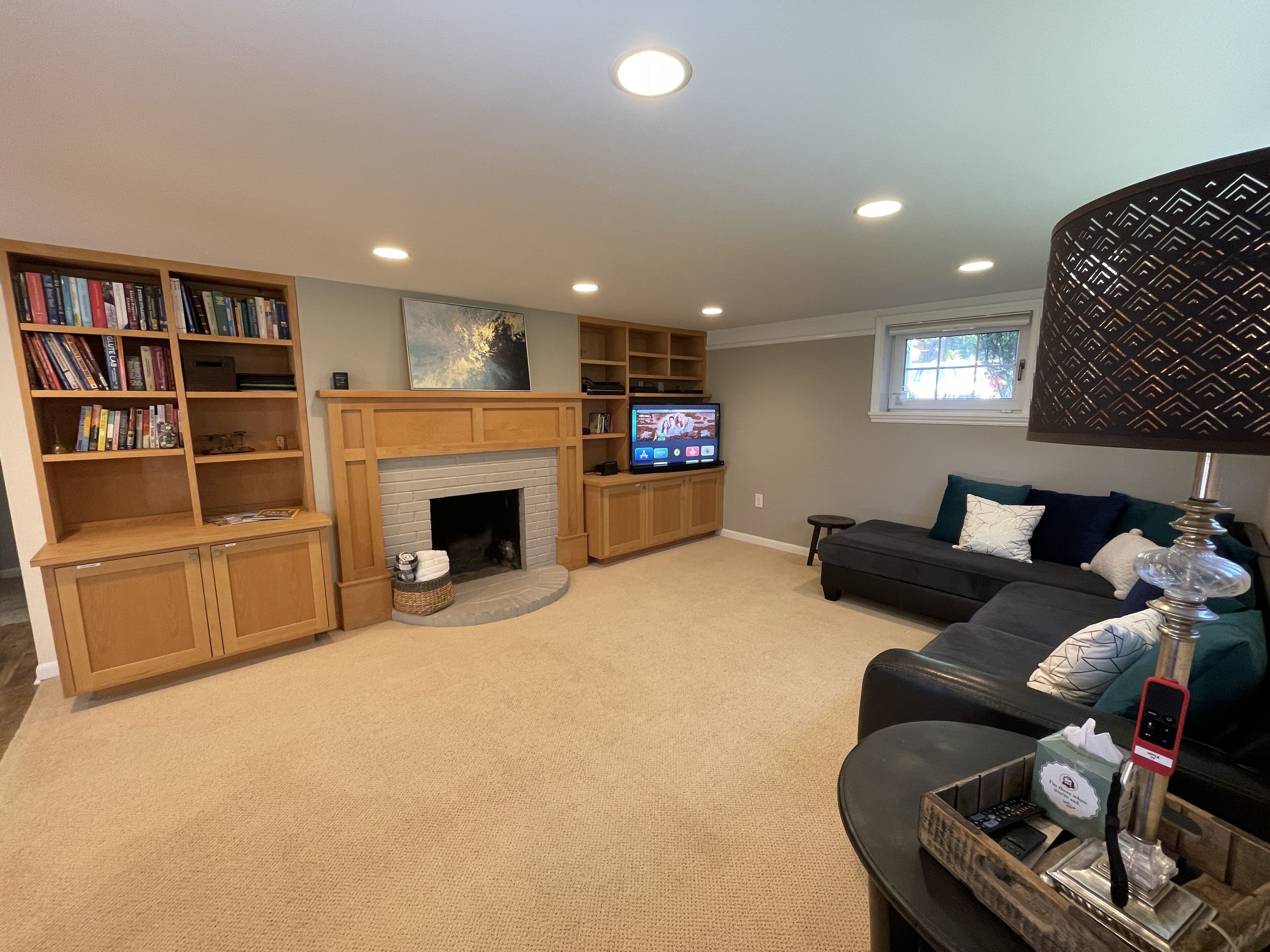 TV connectée, cheminée, lecteur de DVD, livres