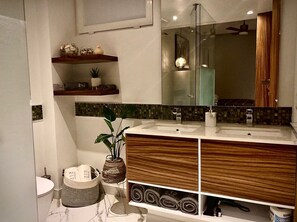 Hair dryer, towels, toilet paper
