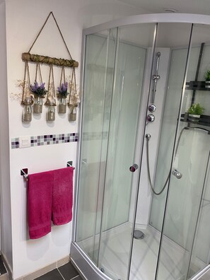 Shower, hair dryer, towels, toilet paper