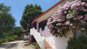 Un edifici de pedra blanca amb una escala que mena a un porxo cobert.