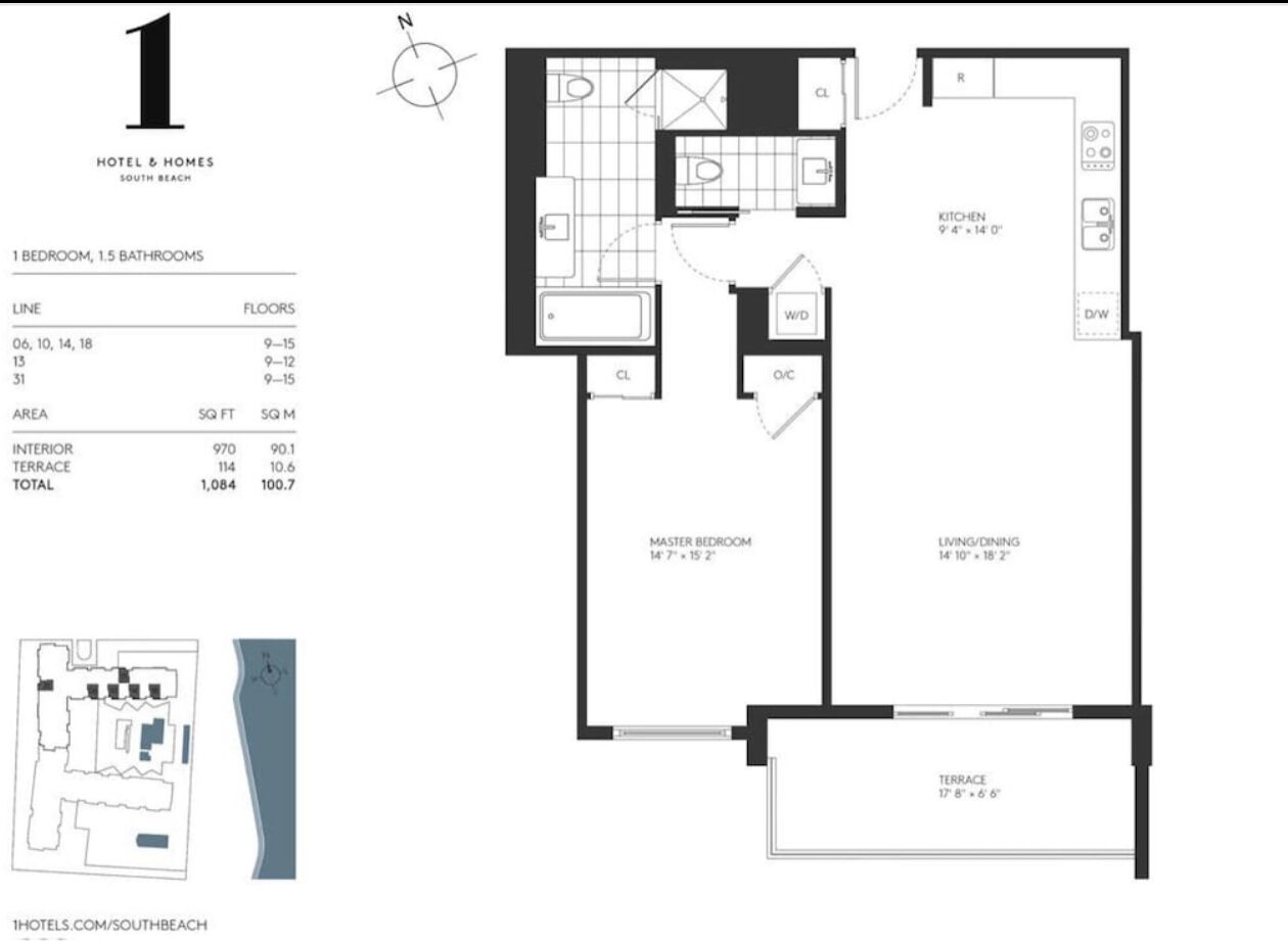 A hotel room layout with a master bedroom, living/dining area, kitchen, and two bathrooms.