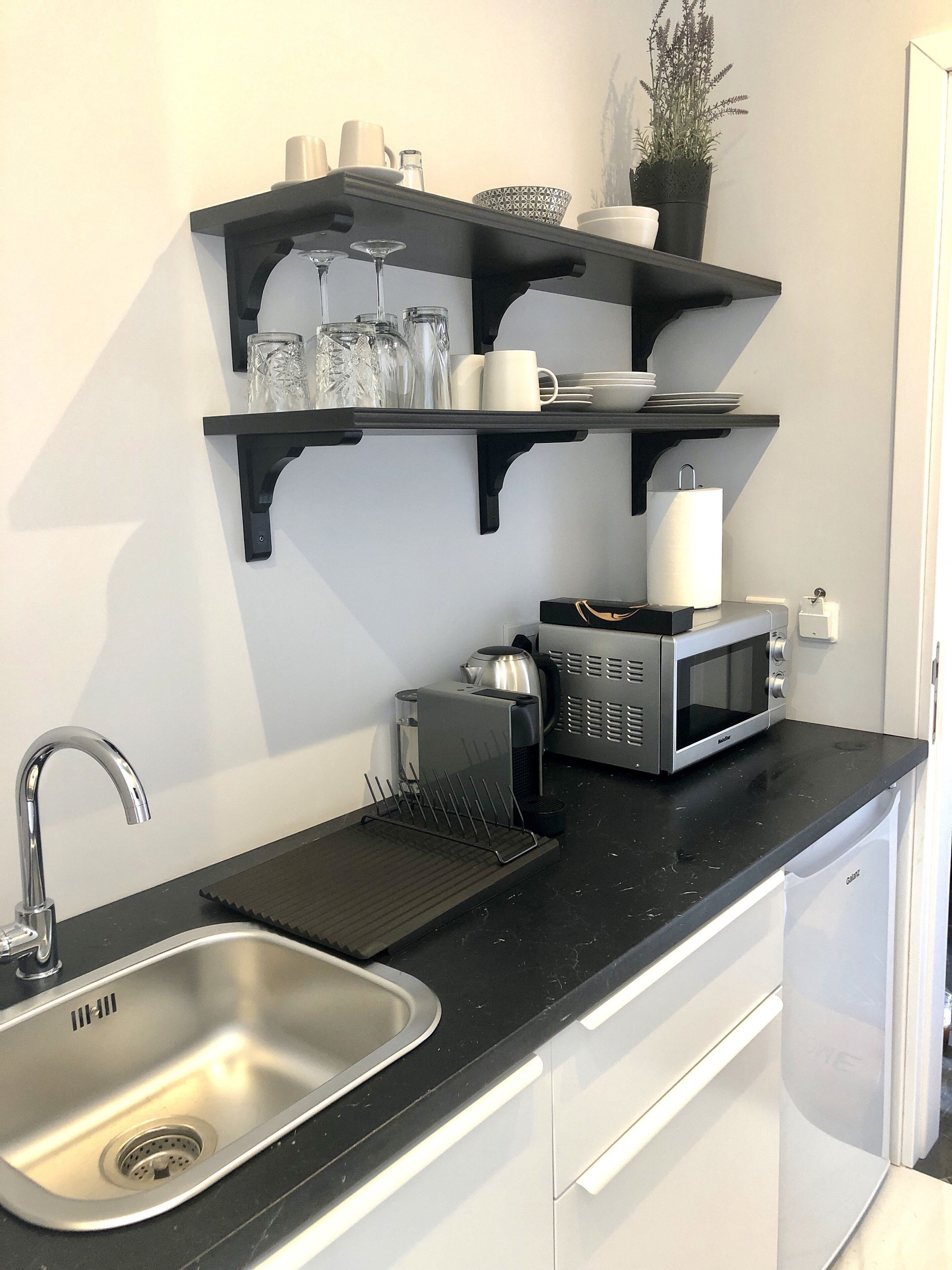 Fridge, microwave, coffee/tea maker, electric kettle