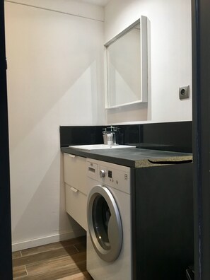 A compact laundry room with a front-loading washing machine, a small sink, and a mirror above the sink.