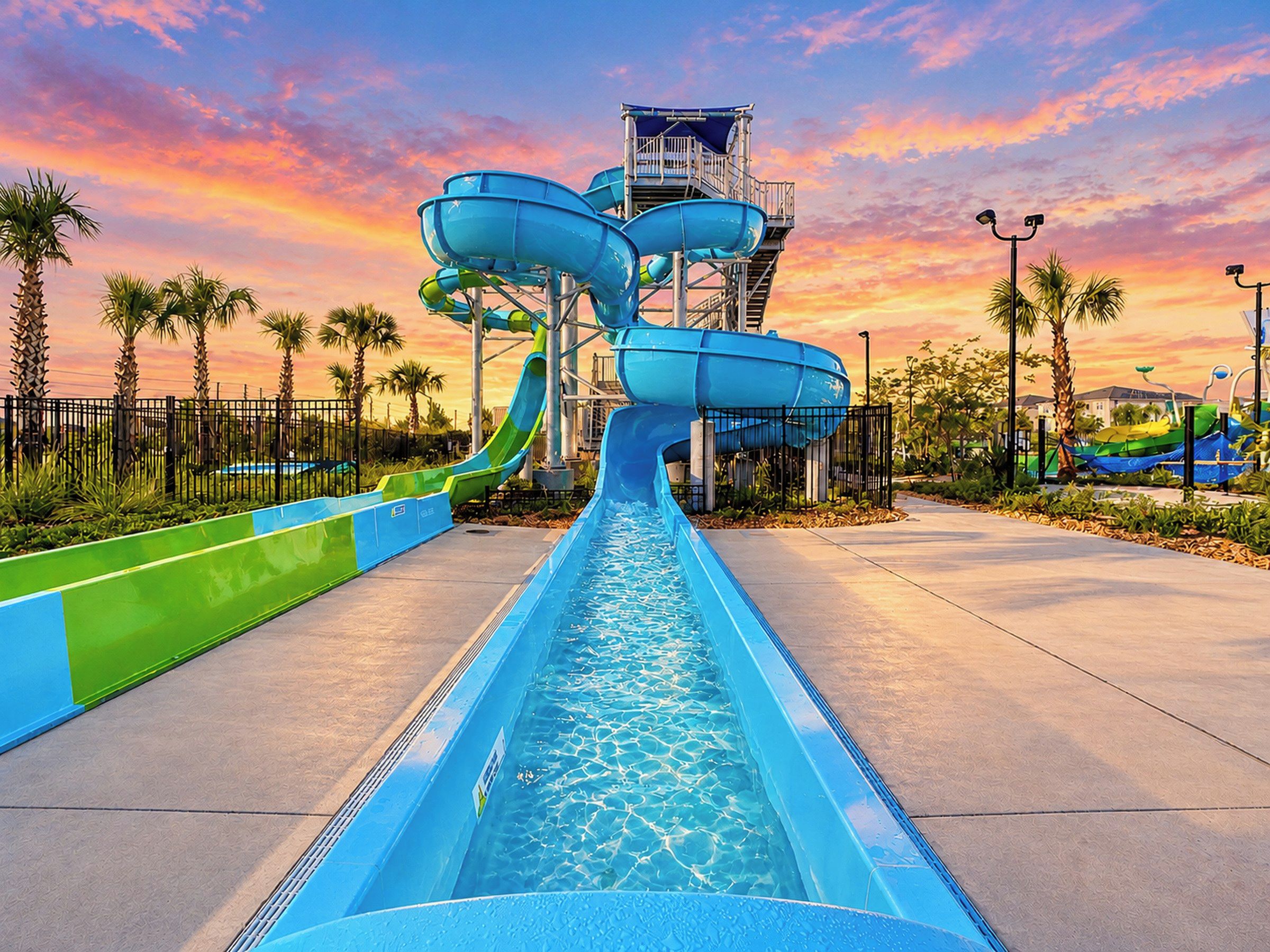 Parque acuático con múltiples toboganes y piscina.