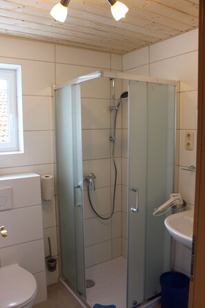 Shower, hair dryer, towels, toilet paper