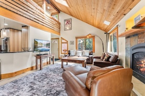 TV, fireplace, offices - 5BDR Ski-In/Out Escape | Hot Tub & Game Room (Breckenridge)