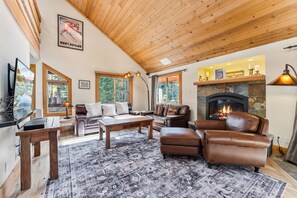 TV, fireplace, books, offices