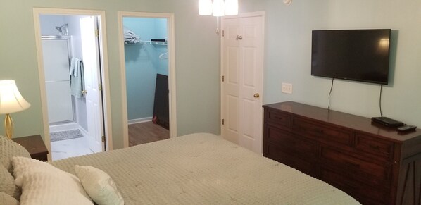 A bedroom with a bed, dresser, TV, and a walk-in closet with a shower.