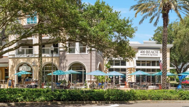 A beachfront restaurant with outdoor seating and palm trees. - Experience the Vibrant Downtown St Pete! (St. Petersburg)