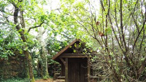 Ein rustikales Holzgebäude in einem Wald, vermutlich eine Holzhütte oder Schutzhütte, umgeben von Bäumen und einem mit Laub bedeckten Boden.