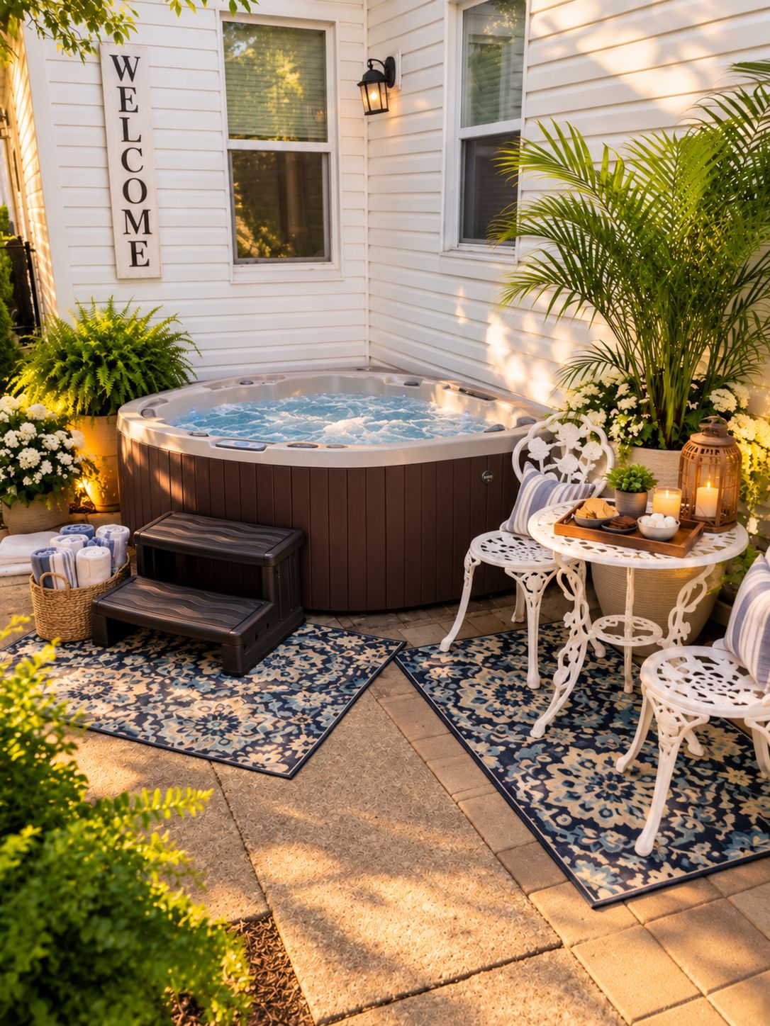 A hot tub with seating and a table, surrounded by plants and a welcome sign.