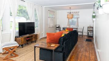 Smart TV, fireplace, video games, music library