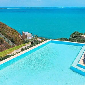 A rectangular swimming pool with clear blue water, surrounded by a landscaped area with greenery and a view of the ocean.
