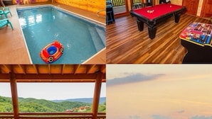 A wooden cabin with a pool, a pool table, and a deck with a view of the mountains. - NEW LISTING-IN-Cabin Pool-Arcades-King Beds (Sevierville)