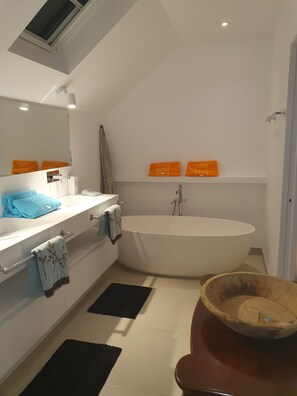 Ensemble baignoire-douche, séchoir à cheveux, serviettes fournies, savon