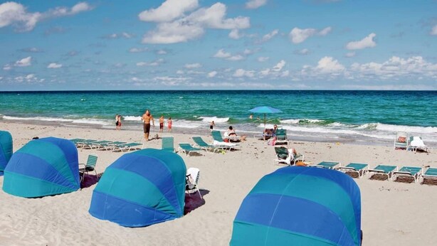 A beach with umbrellas and lounge chairs, a clear sky, and the ocean. - Beautiful remodeled condo. Steps away from area's top nightlife/1 mi. from beach (Delray Beach)