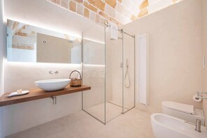 Shower, hair dryer, bidet, towels